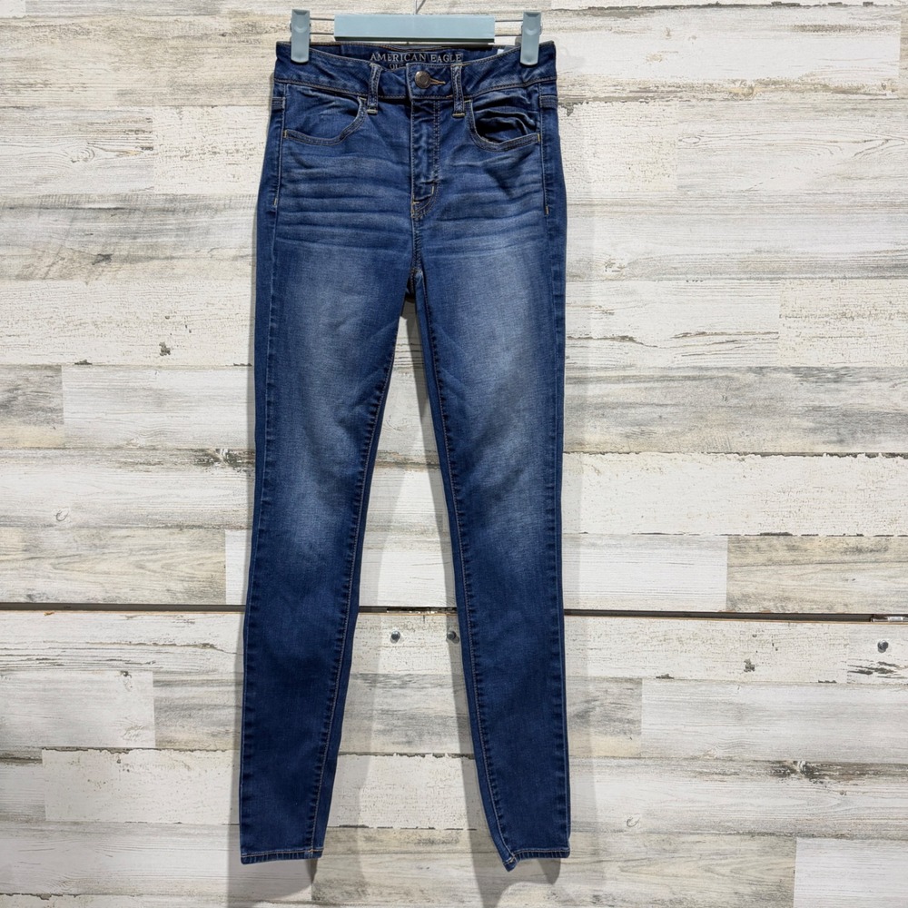 American Eagle Hi-Rise Jegging Women 2 Blue Super Stretch Distressed *Flawed